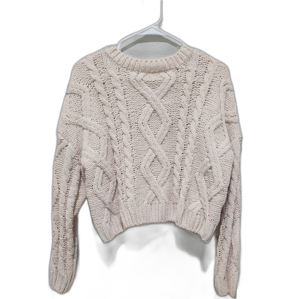 Altered State Knit Sweater Size M Ivory Cropped Long Sleeve Crew Neck